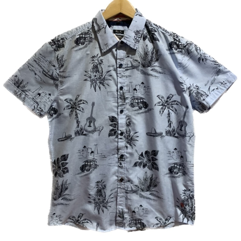 NWOT Point Zero Black Label Semi Fit Blue Tropical print Mens Button up Small